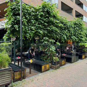 Leibomen zorgen voor schaduw op het terras van Little V
